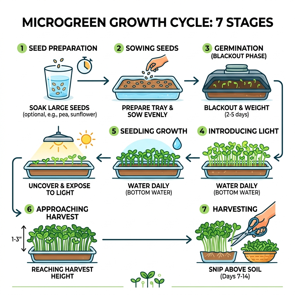 Microgreen growth cycle from seed to harvest infographic showing 7 stages - how to grow microgreens step by step infographic 