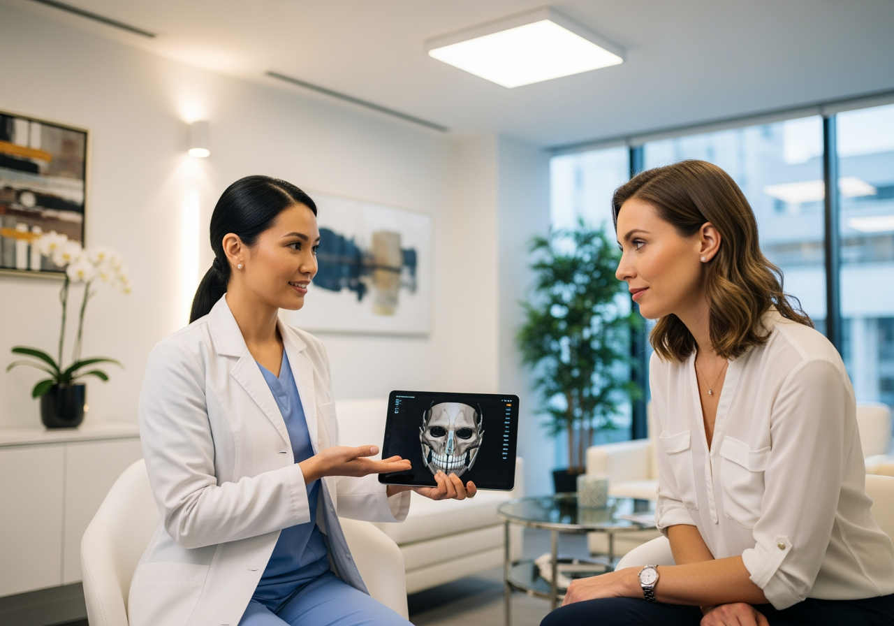 Surgeon consulting with patient, looking at imaging - choosing a plastic surgeon
