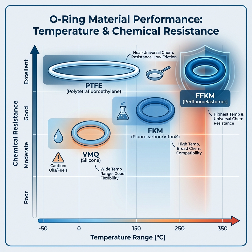 Infographic showing temperature ranges and chemical resistance for various O-ring materials - o rings for high temperature applications infographic 