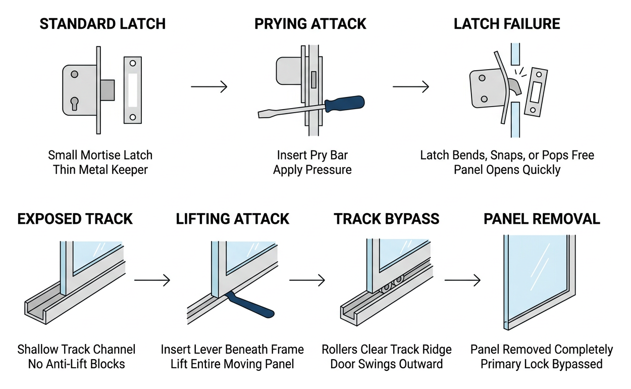 Diagram showing how forced entry attacks exploit standard sliding door latches and tracks