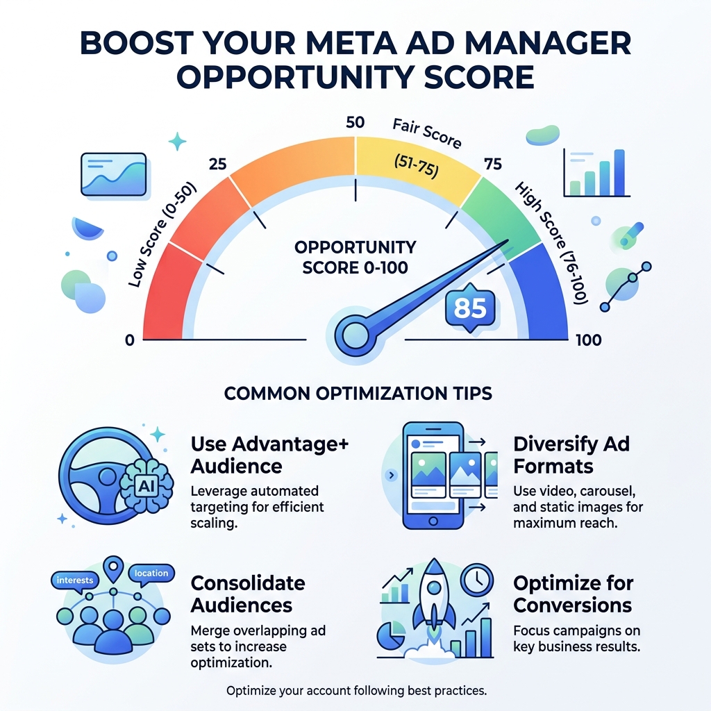 Infographic showing the 0-100 Opportunity Score scale and common optimization tips - meta ad manager infographic 