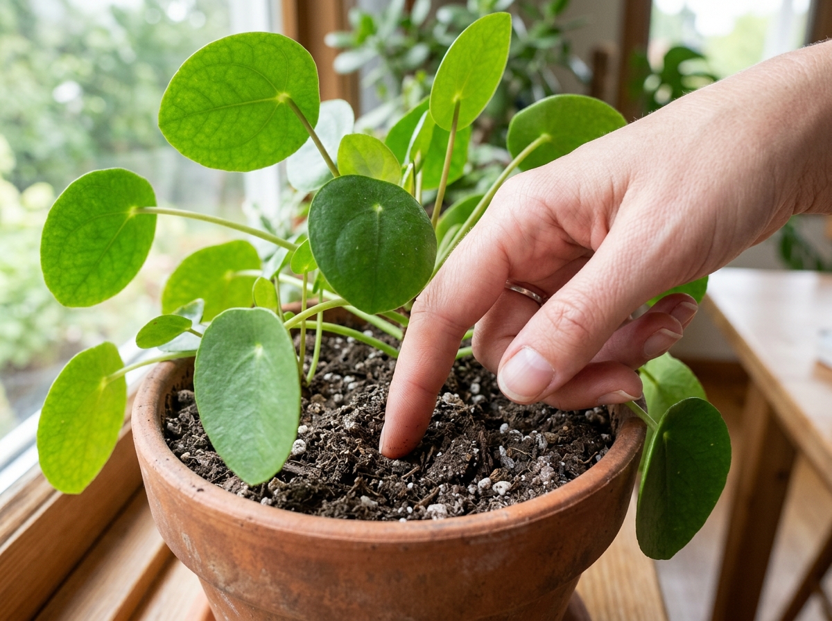 Hand testing soil moisture for a Chinese Money Plant - chinese money plant watering