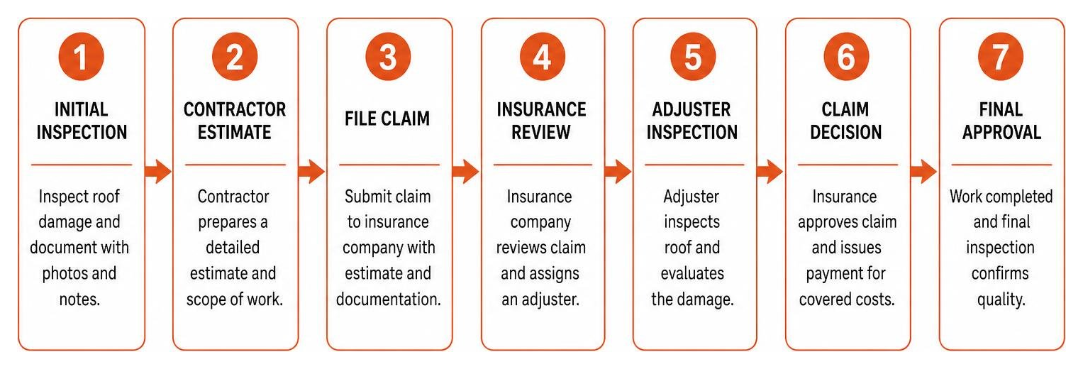 Workflow of filing a storm damage roof insurance claim from initial inspection to final approval Workflow of filing a storm damage roof insurance claim from initial inspection to final approval