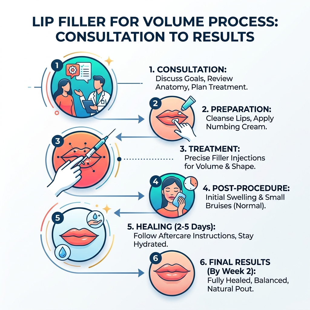 Lip filler for volume process infographic from consultation to final results with timeline and key steps - Lip filler for