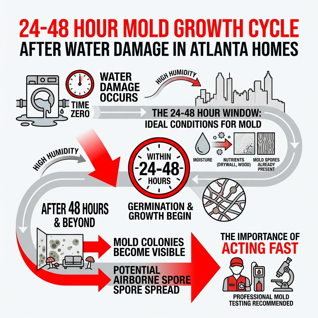 24-48 hour mold growth cycle after water damage in Atlanta homes infographic - mold testing atlanta ga infographic 