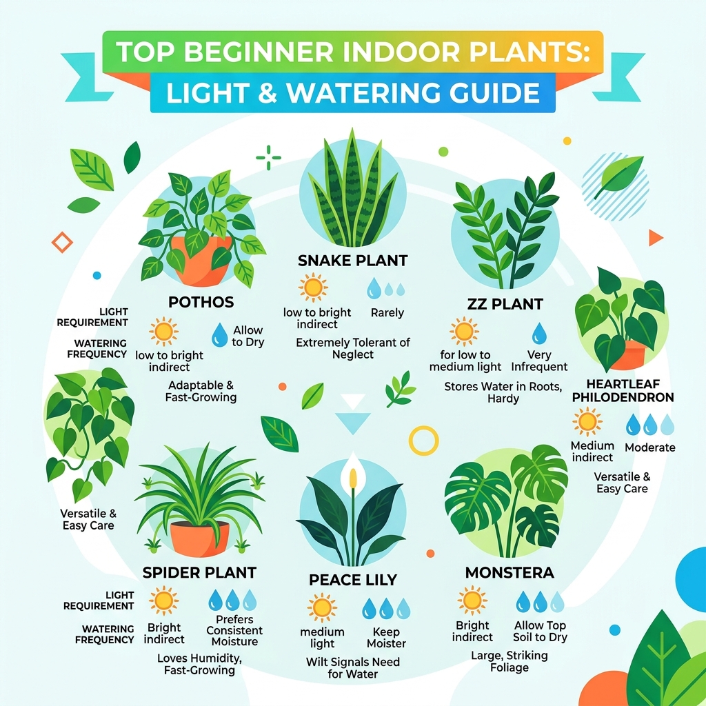 Infographic showing top beginner indoor plants with light and watering requirements - plants for beginners indoor