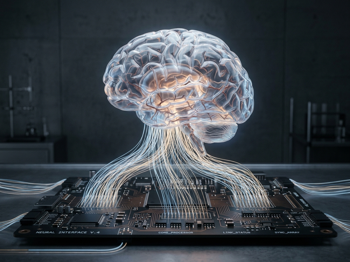 A human brain connecting to a digital circuit representing the fusion of human logic and machine intelligence - ai