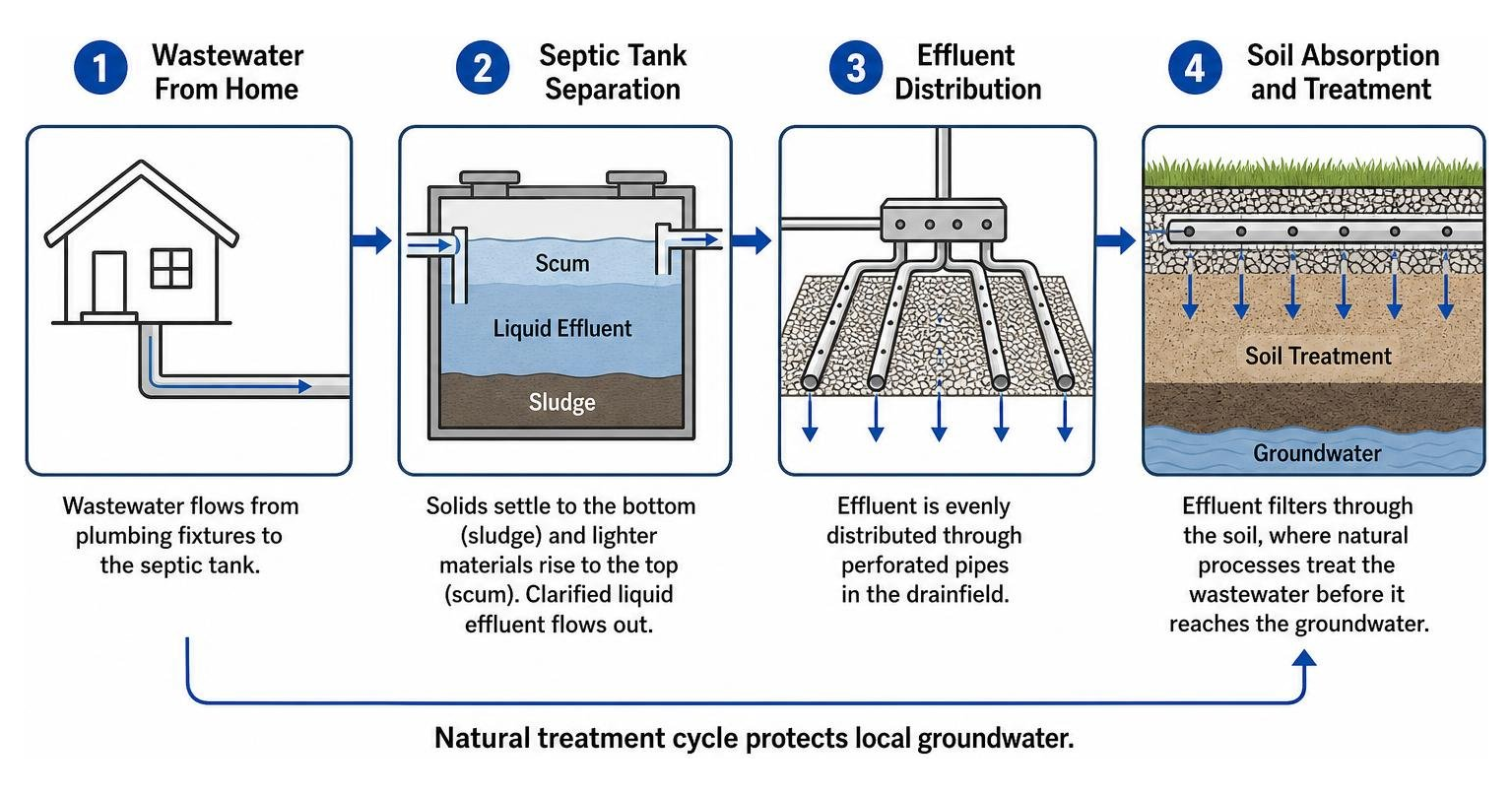 On-site wastewater treatment lifecycle diagram showing tank separation and soil absorption On-site wastewater treatment lifecycle diagram showing tank separation and soil absorption