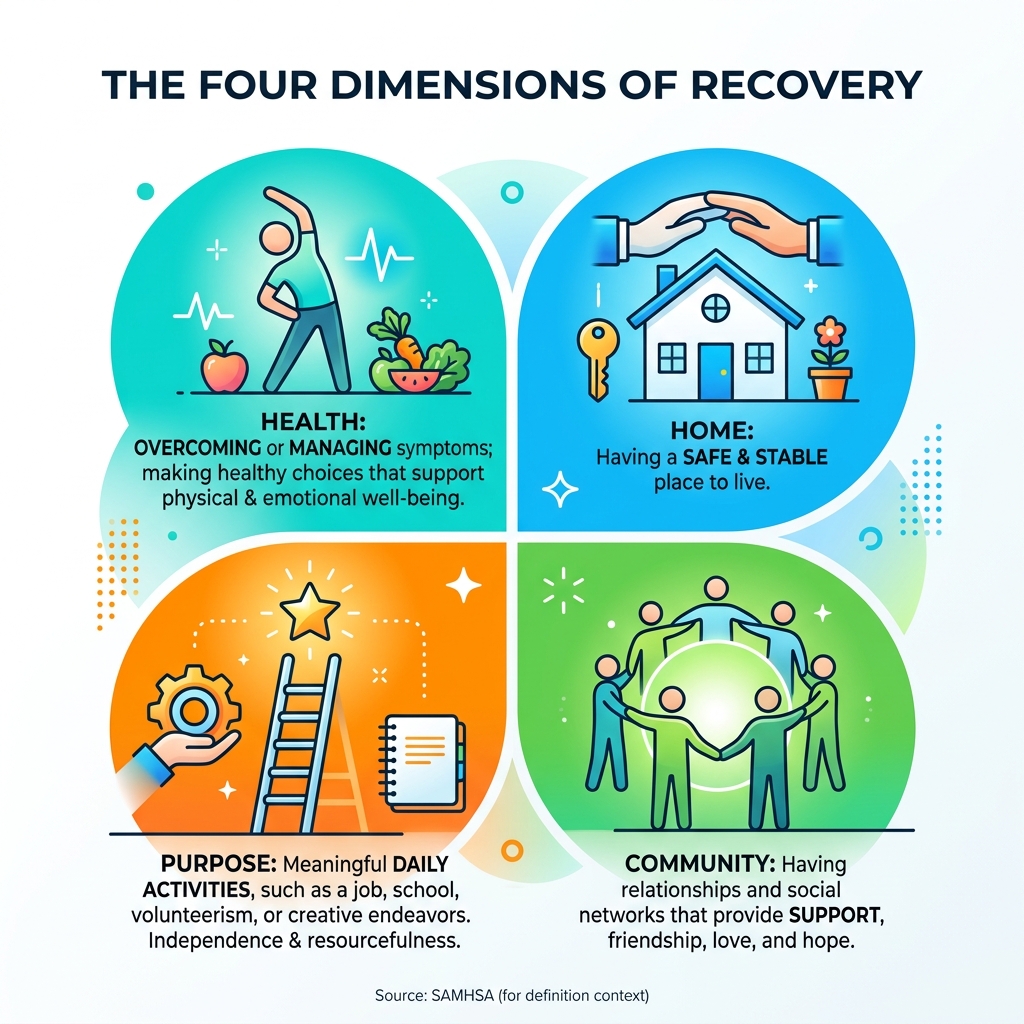 explaining the four dimensions of recovery: Health, Home, Purpose, and Community - health and recovery infographic 