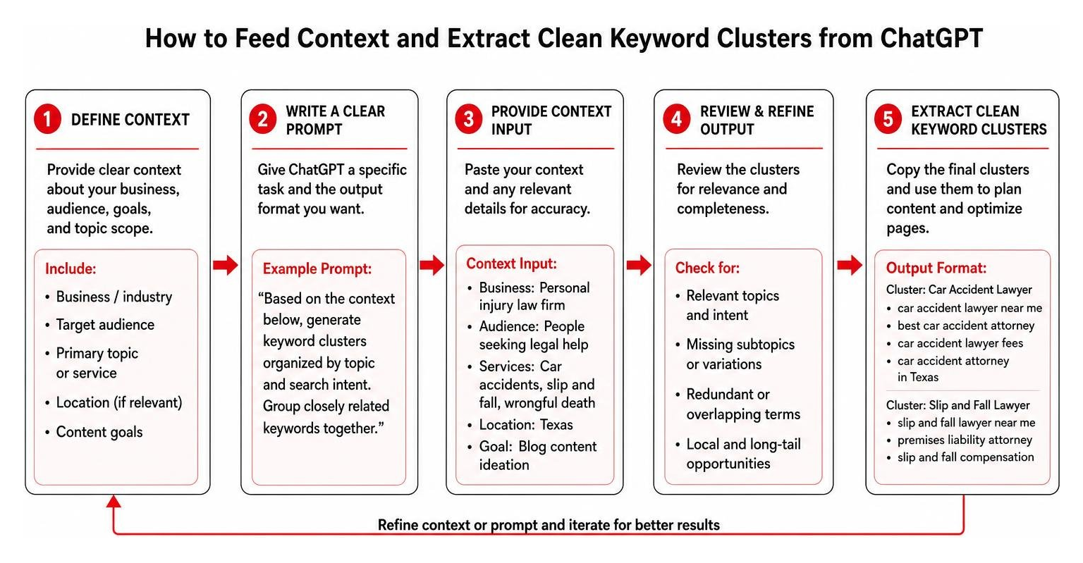 Process diagram showing how to feed context and extract clean keyword clusters from ChatGPT Process diagram showing how to feed context and extract clean keyword clusters from ChatGPT