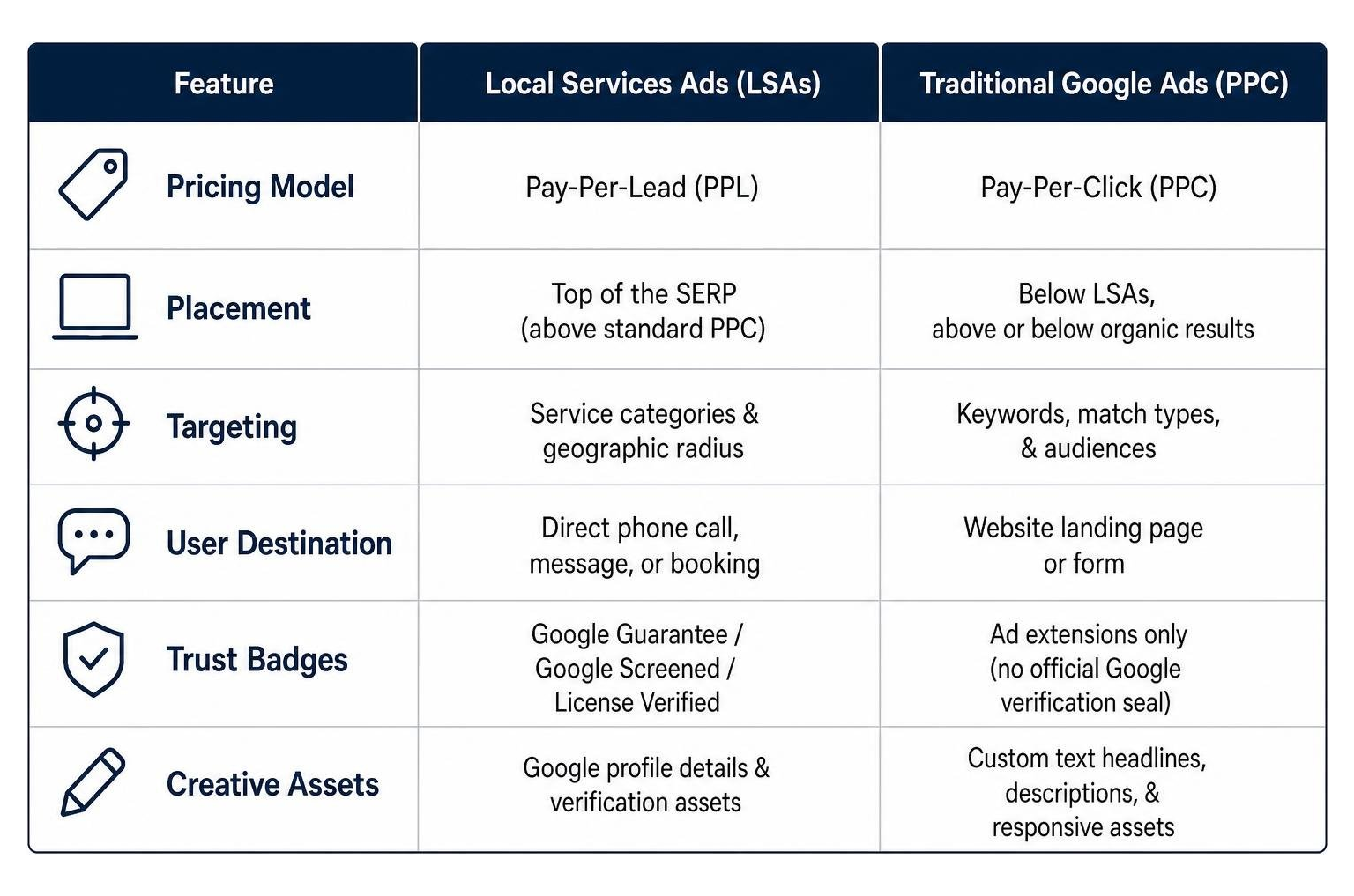 Comparison of LSA pay-per-lead format versus traditional PPC search campaigns Comparison of LSA pay-per-lead format versus traditional PPC search campaigns