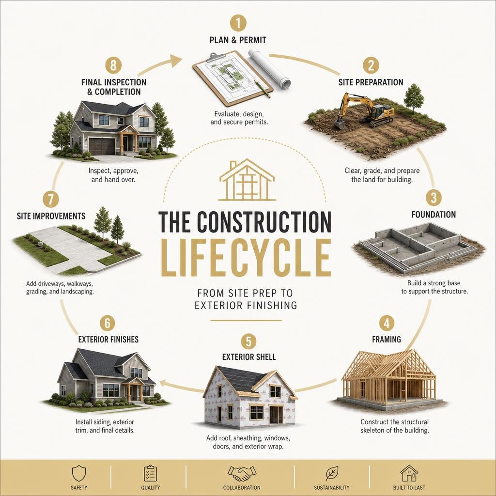 explaining the construction lifecycle from site prep to exterior finishing infographic