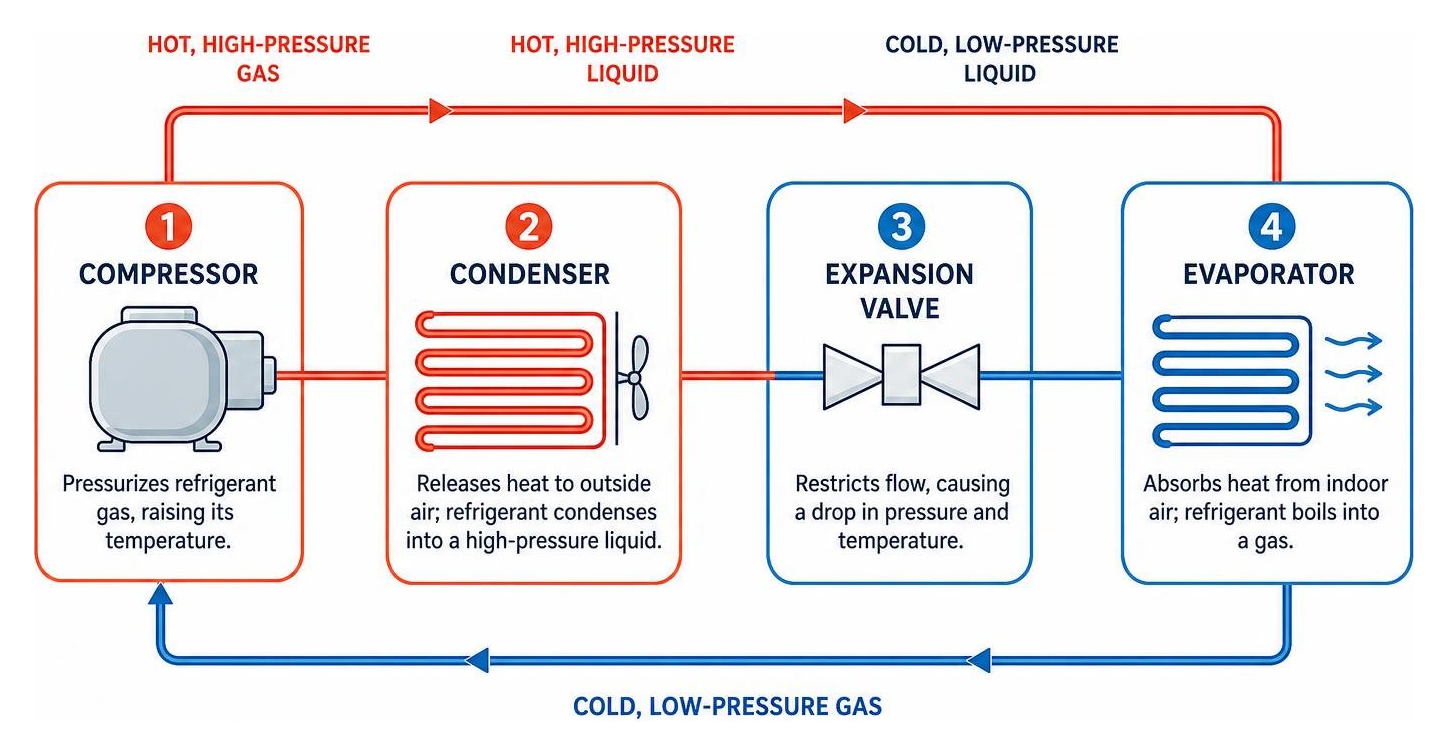 Diagram of the refrigeration cycle: compressor, condenser, expansion valve, and evaporator Diagram of the refrigeration cycle: compressor, condenser, expansion valve, and evaporator