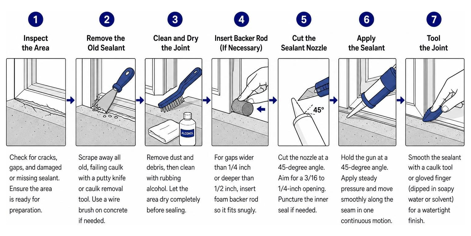 Step-by-step process diagram of cleaning and sealing a basement window Step-by-step process diagram of cleaning and sealing a basement window