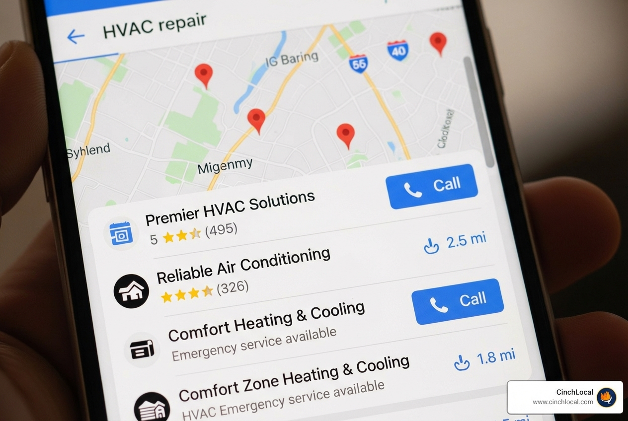 Google Map Pack results for a local HVAC search, demonstrating the importance of local SEO. - hvac local seo marketing Google Map Pack results for a local HVAC search, demonstrating the importance of local SEO. - hvac local seo marketing