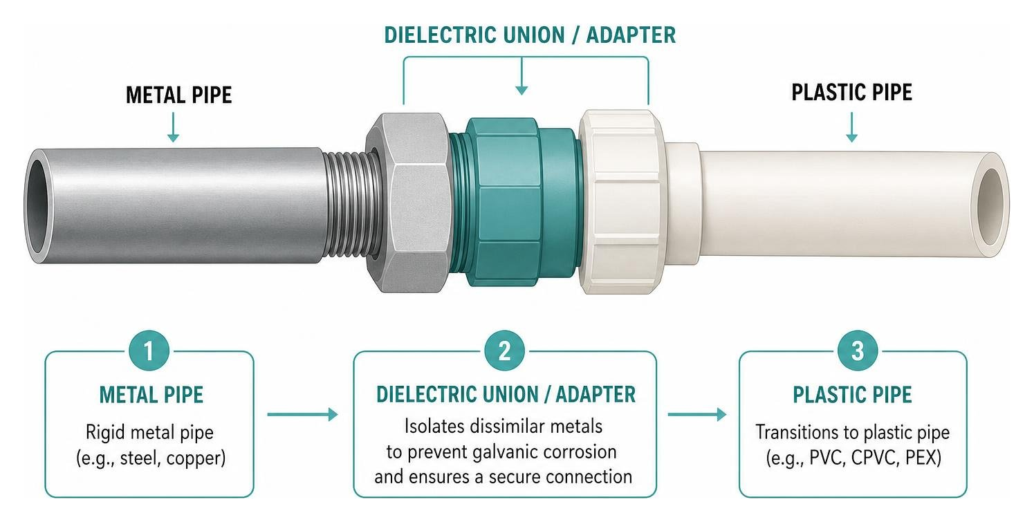 diagram of metal to plastic pipe transition using a dielectric union or adapter diagram of metal to plastic pipe transition using a dielectric union or adapter