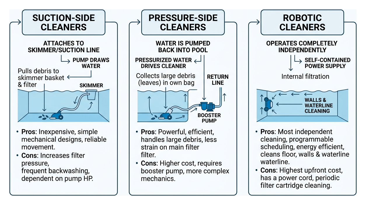 Inground pool vacuum operation: suction vs pressure vs robotic Inground pool vacuum operation: suction vs pressure vs robotic