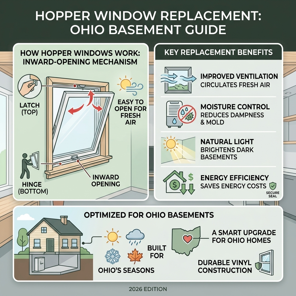 Infographic: how hopper windows work, inward-opening mechanism, and key replacement benefits for Ohio basements - Hopper Infographic: how hopper windows work, inward-opening mechanism, and key replacement benefits for Ohio basements - Hopper