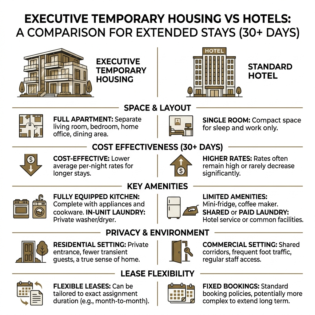 Infographic comparing executive temporary housing vs hotels: space, cost, amenities, privacy, lease flexibility - Temporary