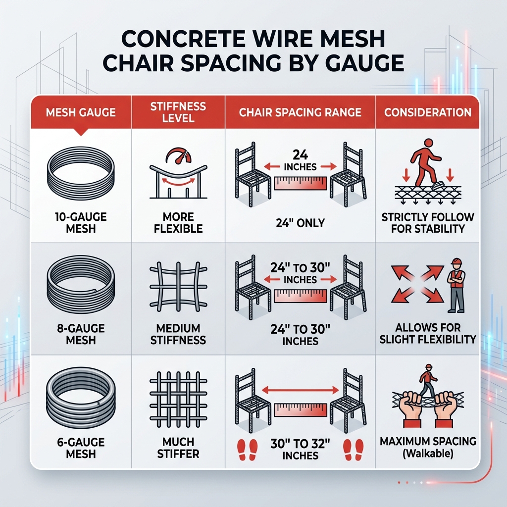 Table comparing spacing by mesh gauge: 10-gauge (24"), 8-gauge (24-30"), 6-gauge (30-32") - concrete wire mesh chair spacing Table comparing spacing by mesh gauge: 10-gauge (24"), 8-gauge (24-30"), 6-gauge (30-32") - concrete wire mesh chair spacing