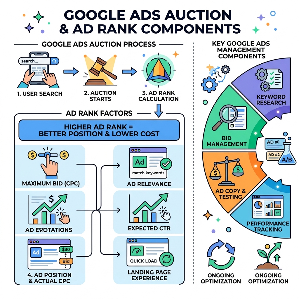 Infographic showing Google Ads auction process, Ad Rank factors, and key management components - Google Ads Management Infographic showing Google Ads auction process, Ad Rank factors, and key management components - Google Ads Management