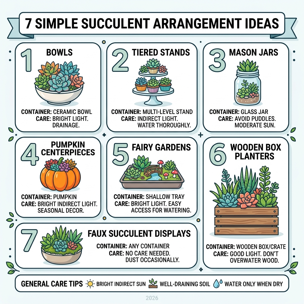 infographic showing 7 simple succulent arrangement ideas with care tips and container types - simple succulent arrangements
