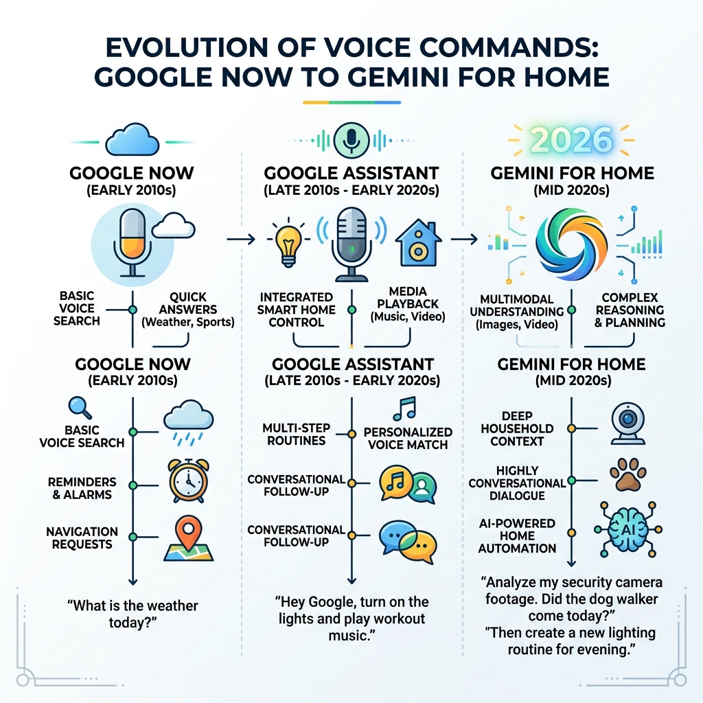 Evolution of voice commands from Google Now to Gemini for Home infographic - voice commands for google assistant infographic 