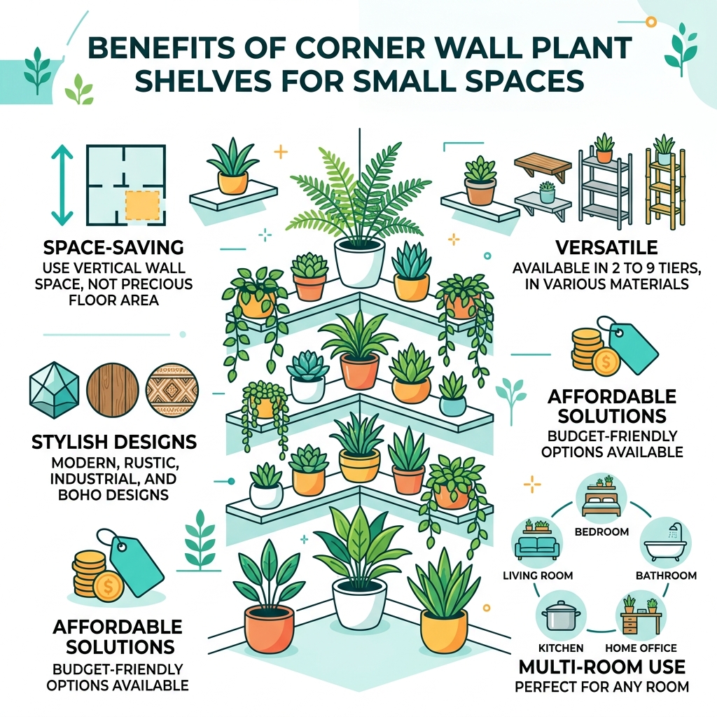 Benefits of corner wall plant shelves for small spaces infographic - corner wall plant shelves infographic 