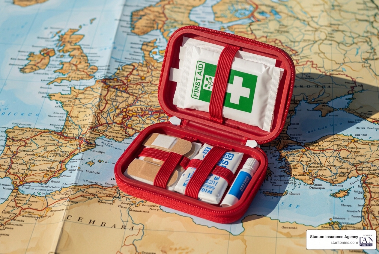 First aid kit on a map - travel insurance First aid kit on a map - travel insurance