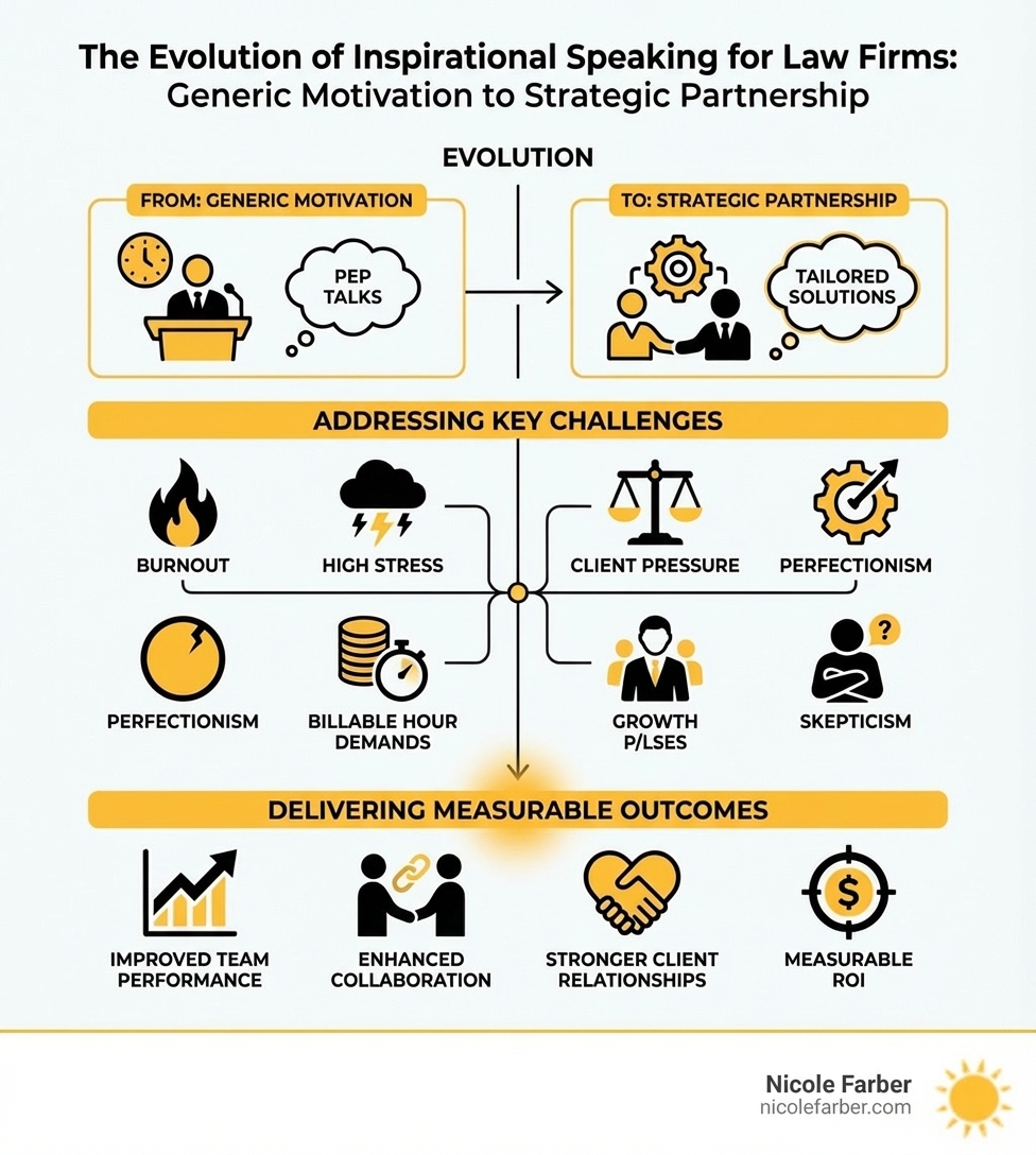 Infographic showing the evolution of inspirational speaking for law firms: from generic motivation to strategic partnership, addressing key challenges including burnout, high stress, client pressure, perfectionism, billable hour demands, and skepticism, while delivering outcomes like improved team performance, enhanced collaboration, stronger client relationships, and measurable ROI - inspirational speaker for law firms infographic 