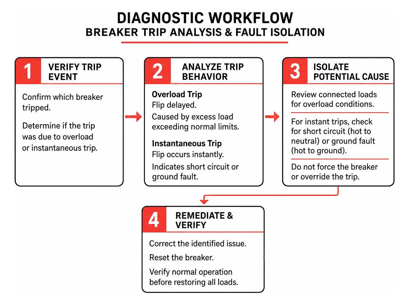 Diagnostic workflow showing breaker trip analysis and fault isolation