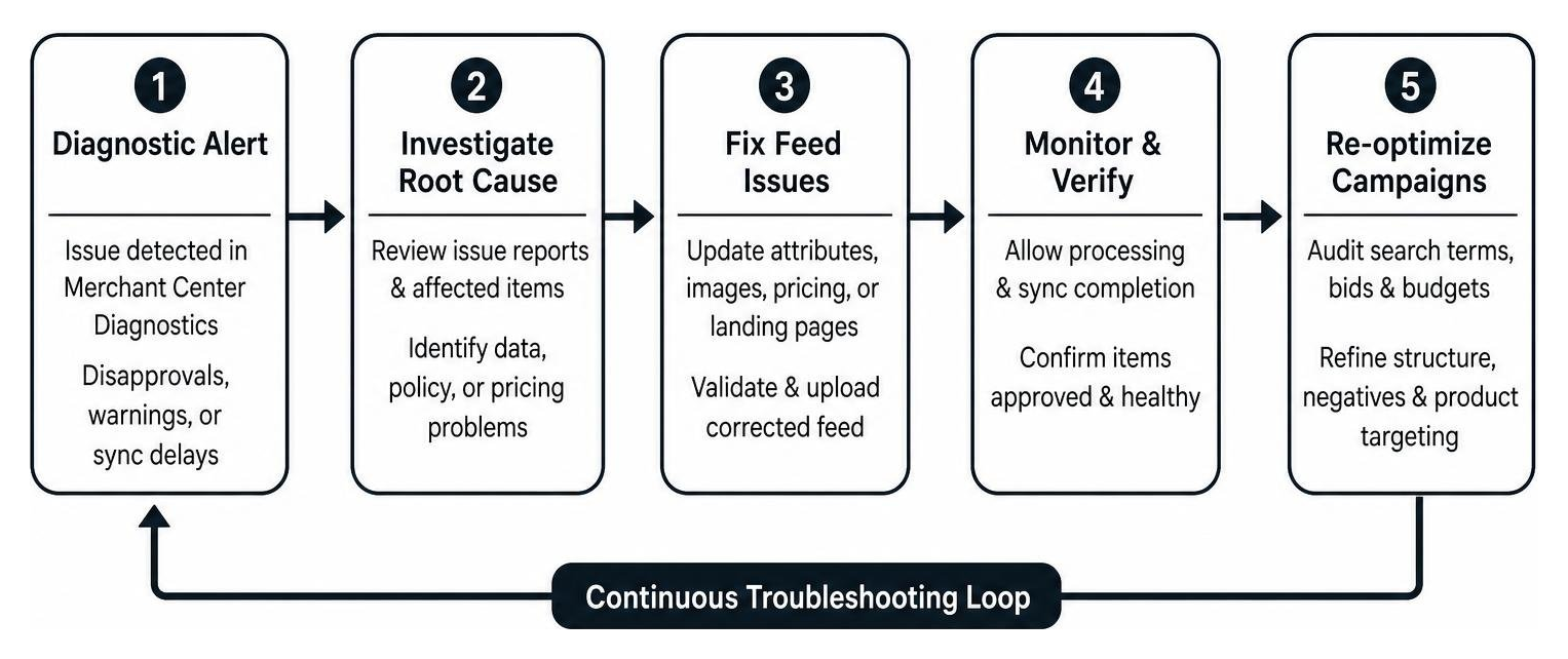 Process diagram showing continuous troubleshooting loop from diagnostic alert to feed fix and campaign re-optimization Process diagram showing continuous troubleshooting loop from diagnostic alert to feed fix and campaign re-optimization