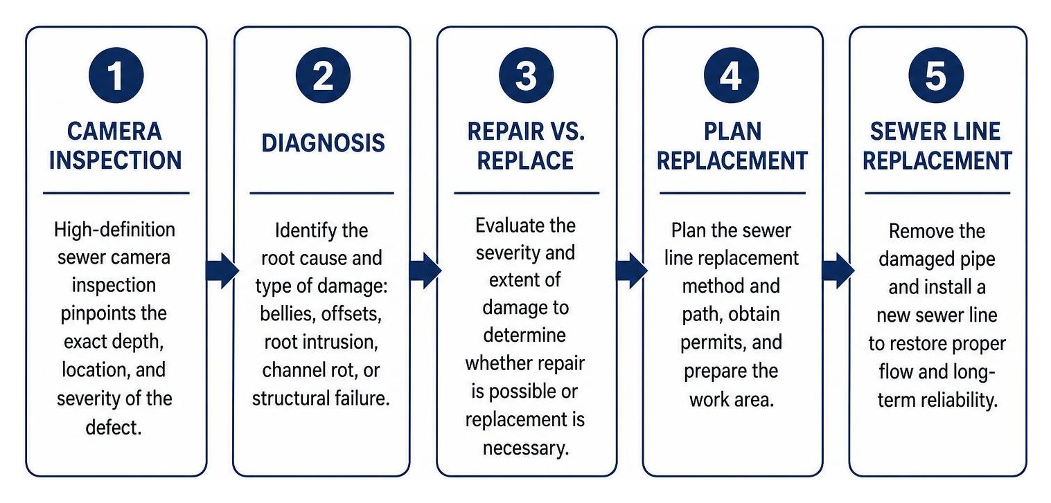 Diagnostic sequence from camera inspection to sewer line replacement Diagnostic sequence from camera inspection to sewer line replacement