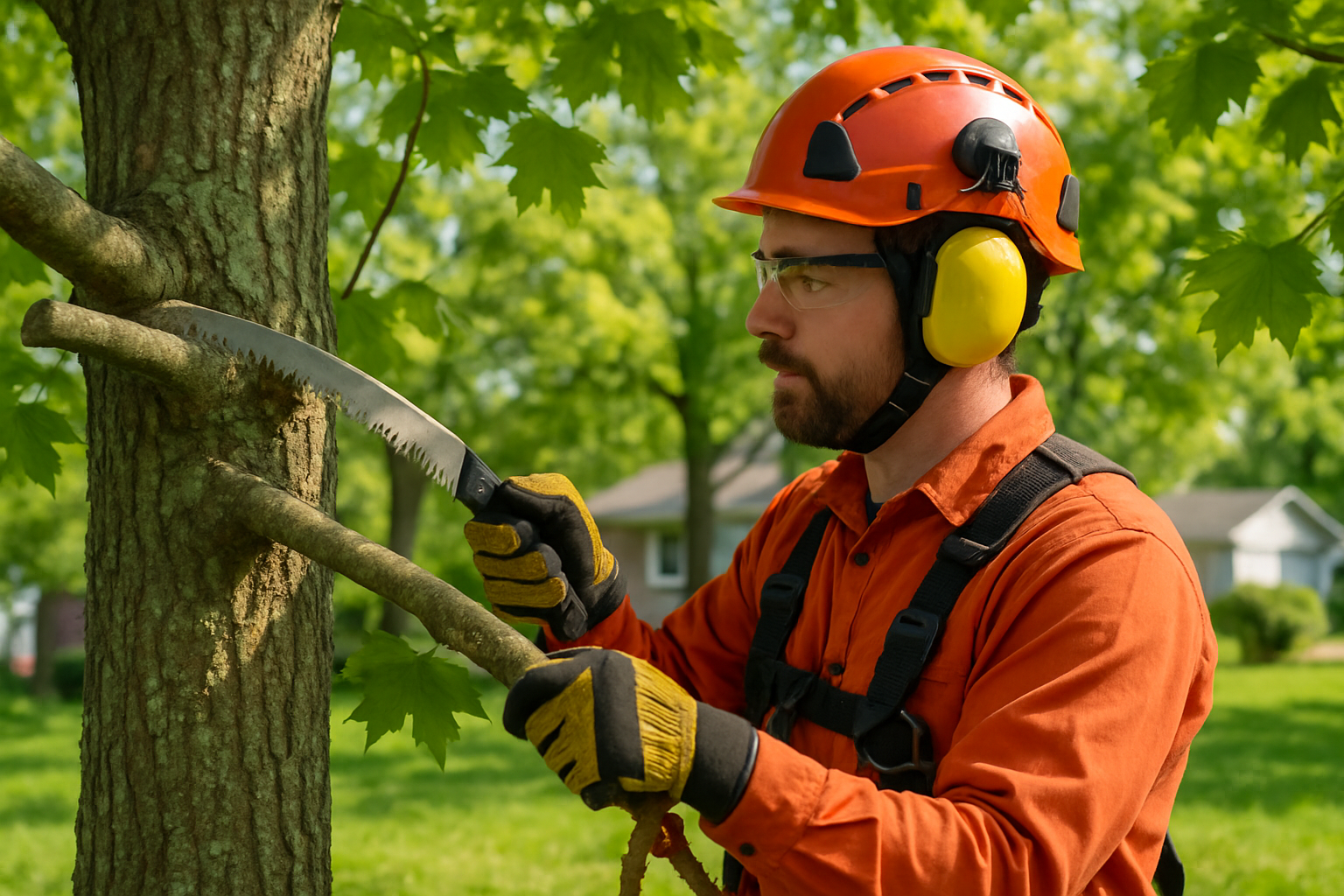Arborist performing precision cuts on a mature maple tree - tree trimming services