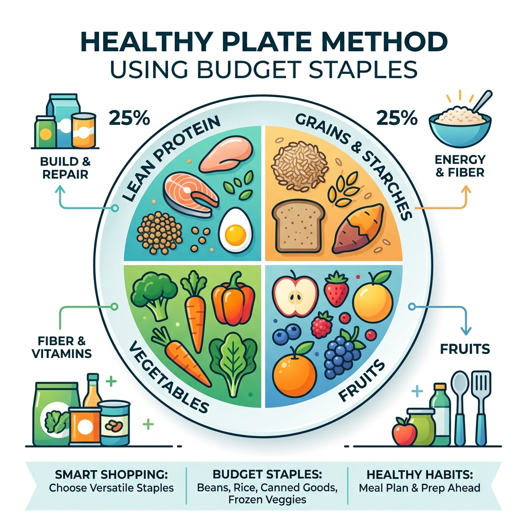 Healthy plate method using budget staples like beans, rice, vegetables, and lean protein - healthy family recipes on a