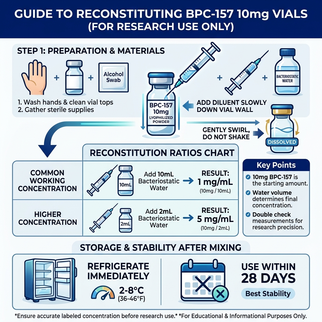 Infographic showing BPC-157 10mg reconstitution ratios, water volumes, concentrations, and storage steps - reconstituting
