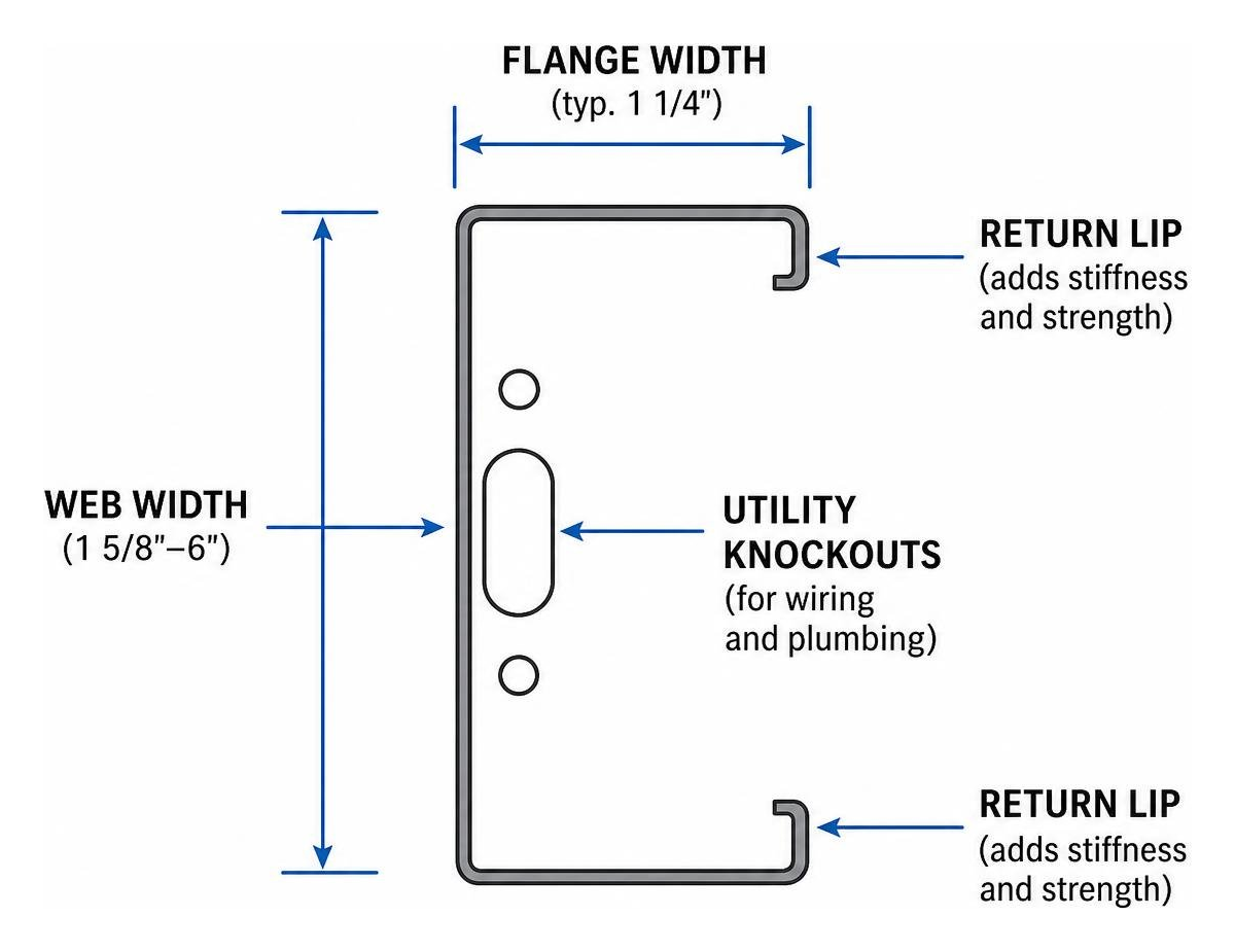 Steel stud cross section showing web width flange return lip and utility knockouts Steel stud cross section showing web width flange return lip and utility knockouts