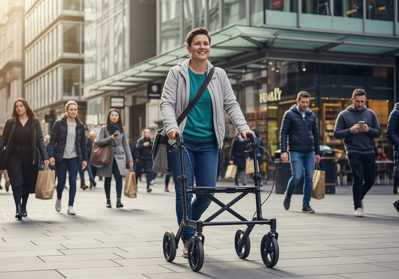 a person with a mobility aid successfully navigating a city street - specialized services