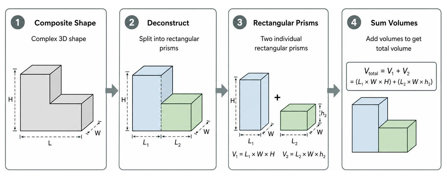 Deconstructing a 3D composite building into individual rectangular prisms step by step