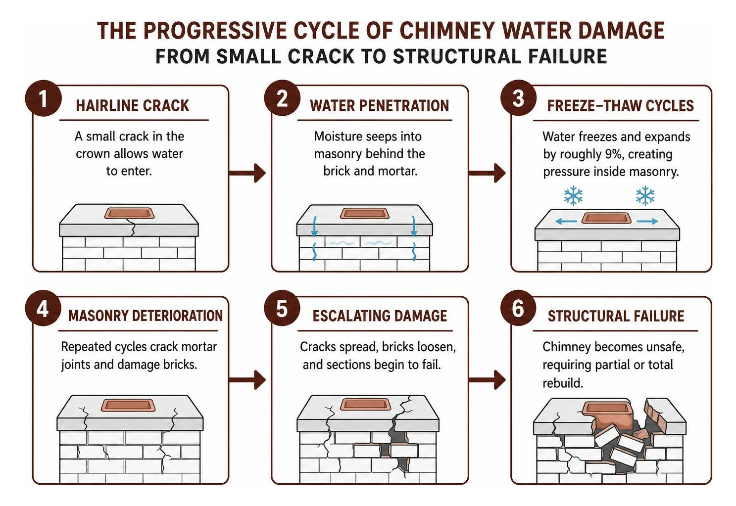 The progressive cycle of chimney water damage from small crack to structural failure The progressive cycle of chimney water damage from small crack to structural failure
