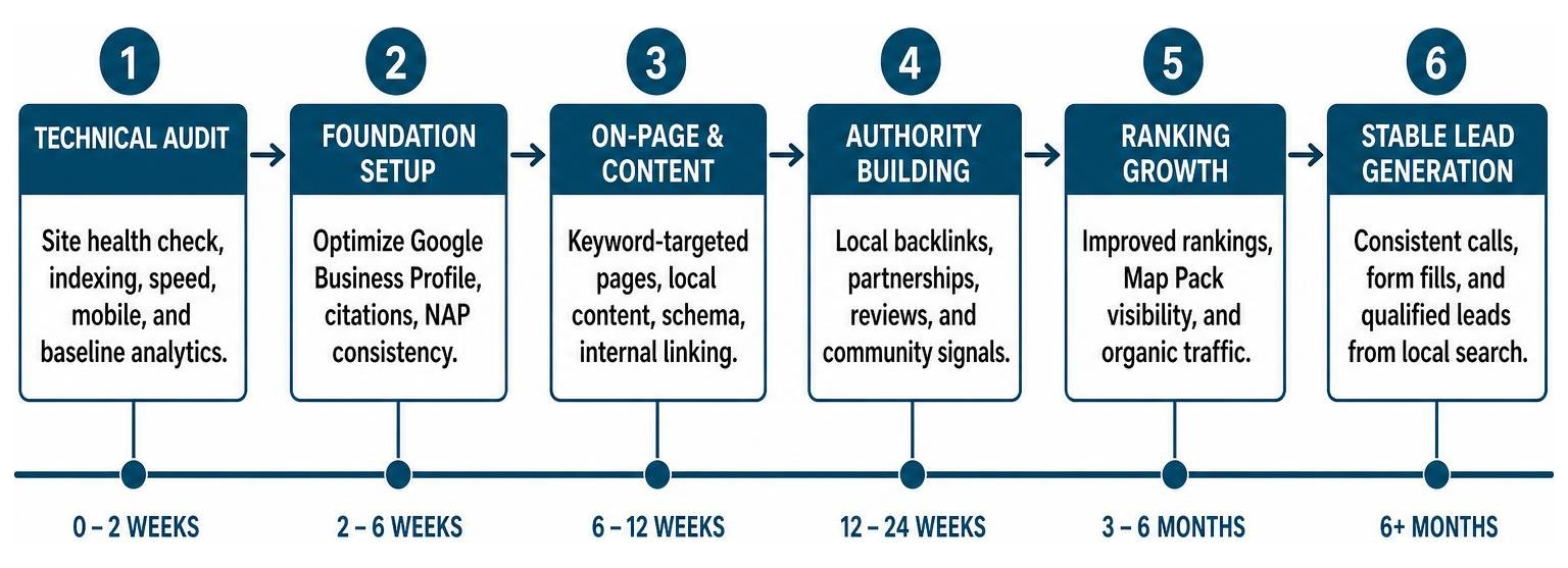 SEO progress timeline showing milestones from technical audit to stable lead generation SEO progress timeline showing milestones from technical audit to stable lead generation