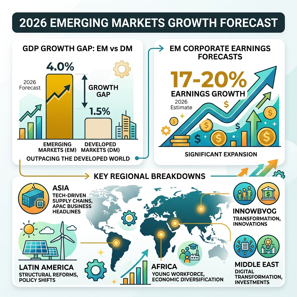 Infographic showing 2026 EM vs DM GDP growth gap, earnings forecasts, and key regional breakdowns - emerging markets growth