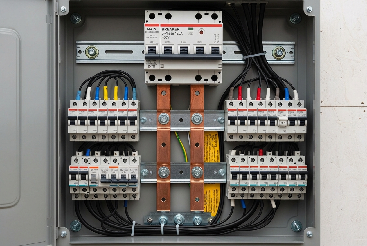 Inside a home electrical panel with main breaker, bus bars, and circuit breakers labeled - inside electric panel Inside a home electrical panel with main breaker, bus bars, and circuit breakers labeled - inside electric panel