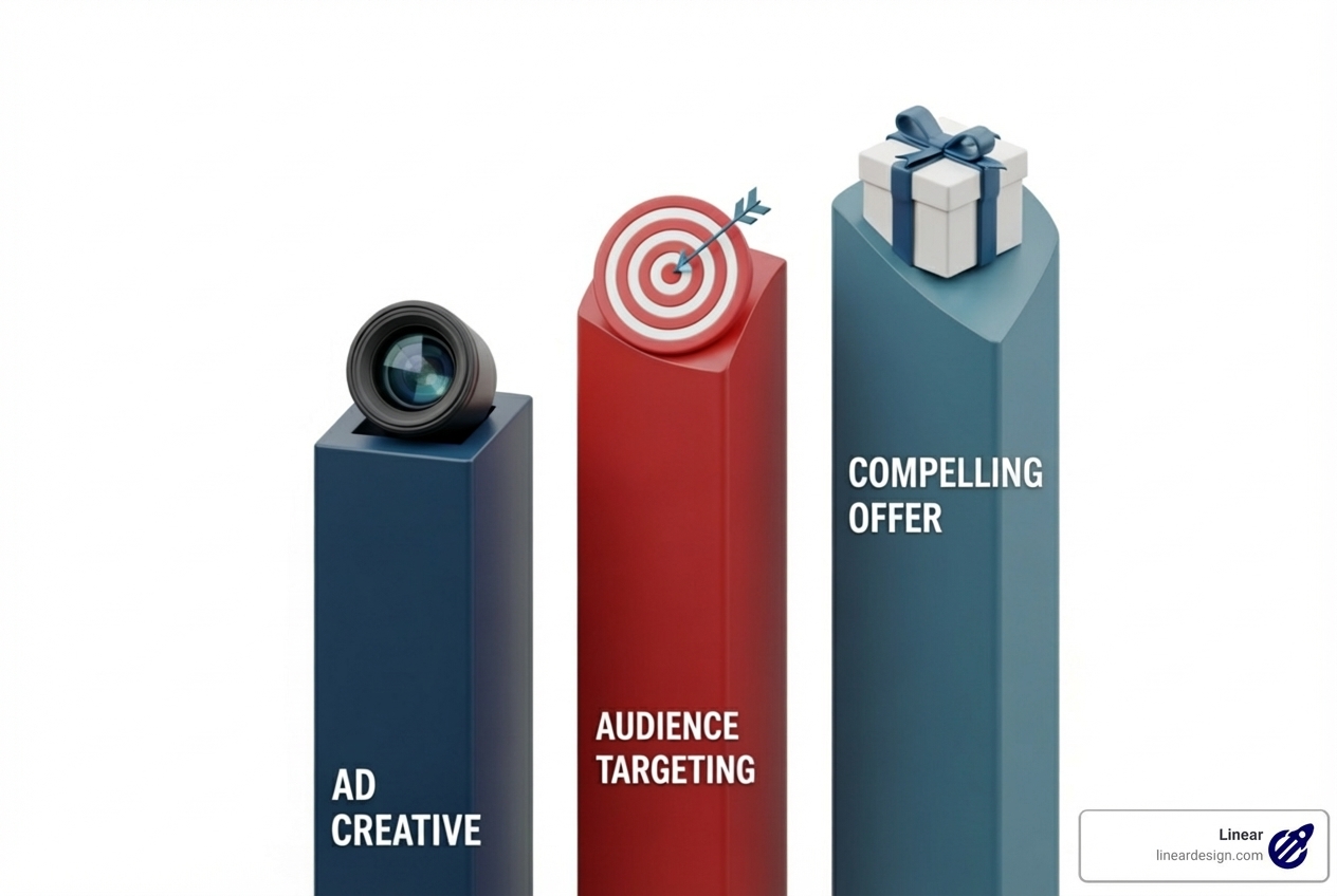 Three pillars of successful ad campaign: Ad Creative, Audience Targeting, Compelling Offer - facebook ad conversion rate