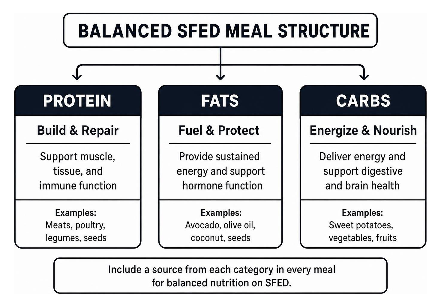 diagram of balanced SFED meal structure with protein fats carbs