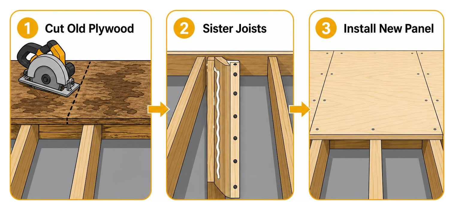 Subfloor replacement workflow: cut old plywood sister joists install new panel