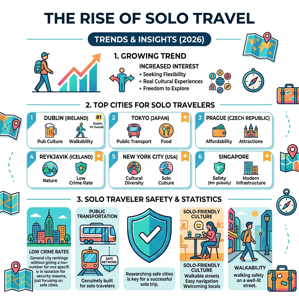 infographic showing rise of solo travel, top cities, and key safety statistics - best cities to travel alone infographic 