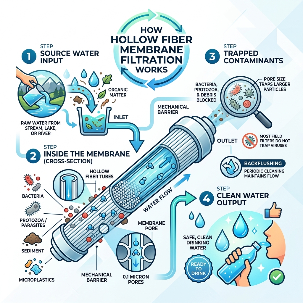 Step-by-step mechanical filtration process from source water through hollow fiber membrane to clean output - personal water