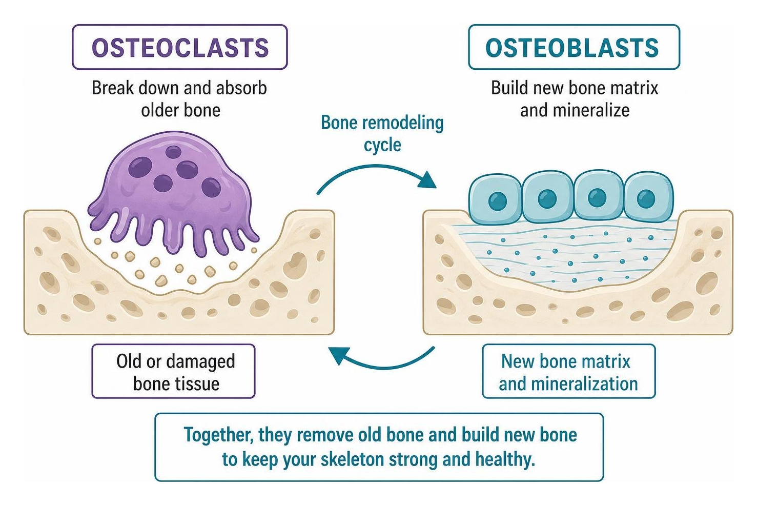 Diagram showing osteoclasts breaking down bone and osteoblasts building new bone matrix Diagram showing osteoclasts breaking down bone and osteoblasts building new bone matrix