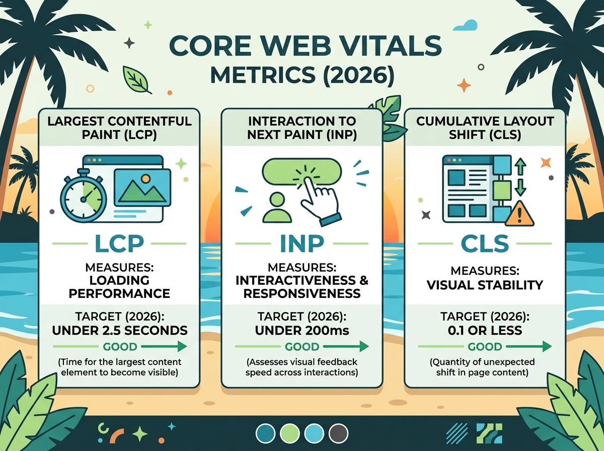 Core Web Vitals metrics showing LCP, INP, and CLS targets for 2026 - performance driven web design